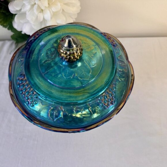 Vintage Blue Carnival Glass Compote with Lid Grape Pattern Iridescent Luster Fin - Picture 4 of 5